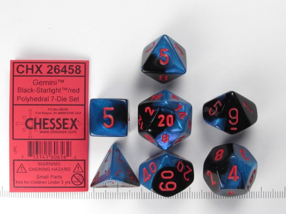 Chessex dobbelstenen set, 7 polydice, Gemini black-Starlight w/red