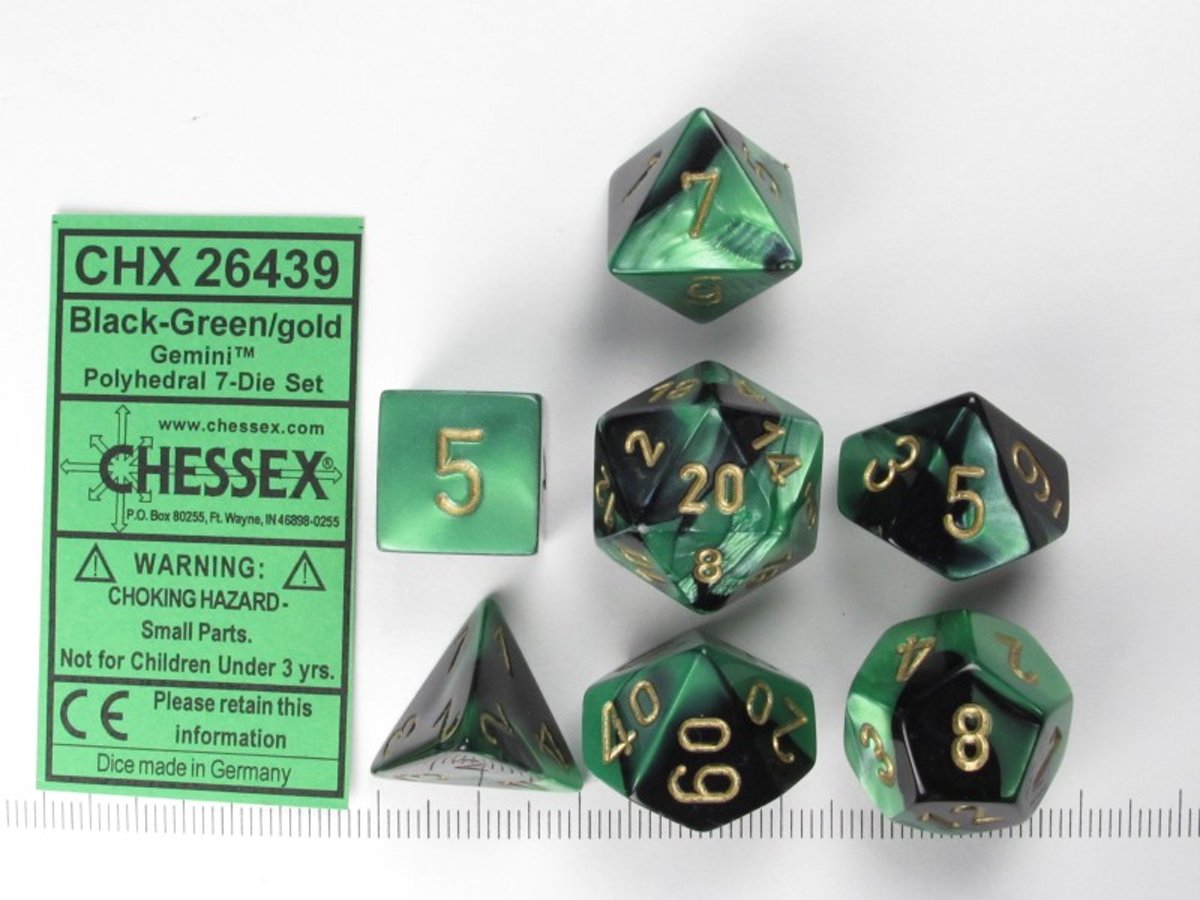 Chessex dobbelstenen set, 7 polydice, Gemini black-green w/gold