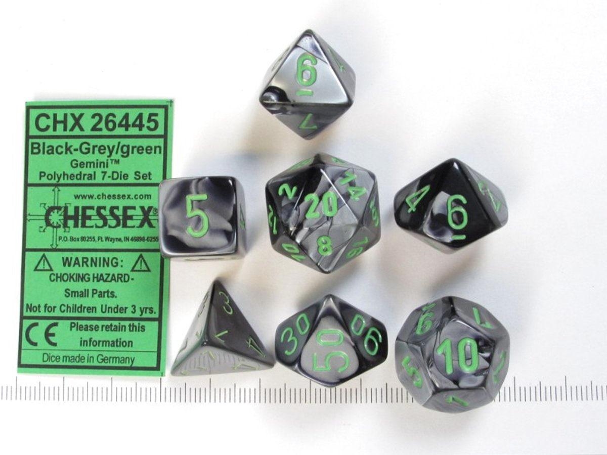 Chessex dobbelstenen set, 7 polydice, Gemini black-grey w/green