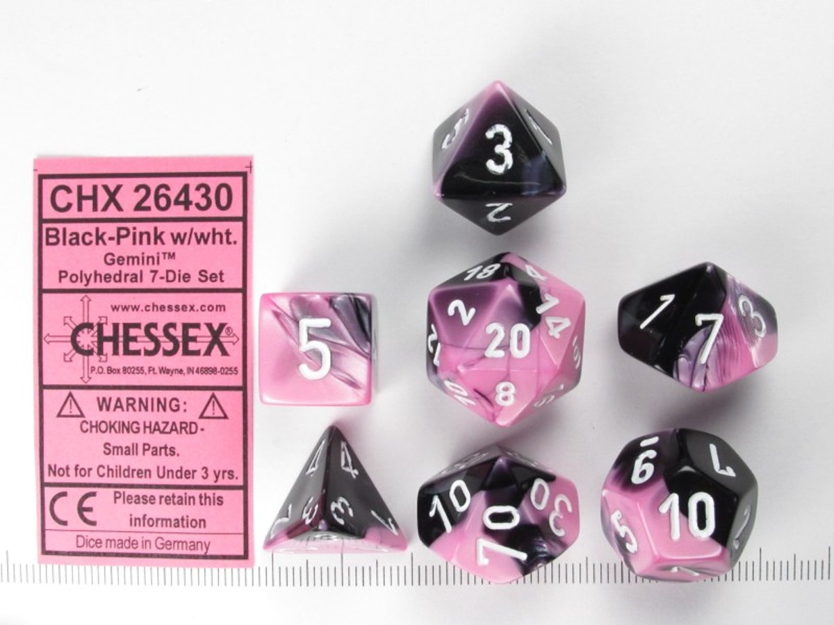 Chessex dobbelstenen set, 7 polydice, Gemini black-pink w/white