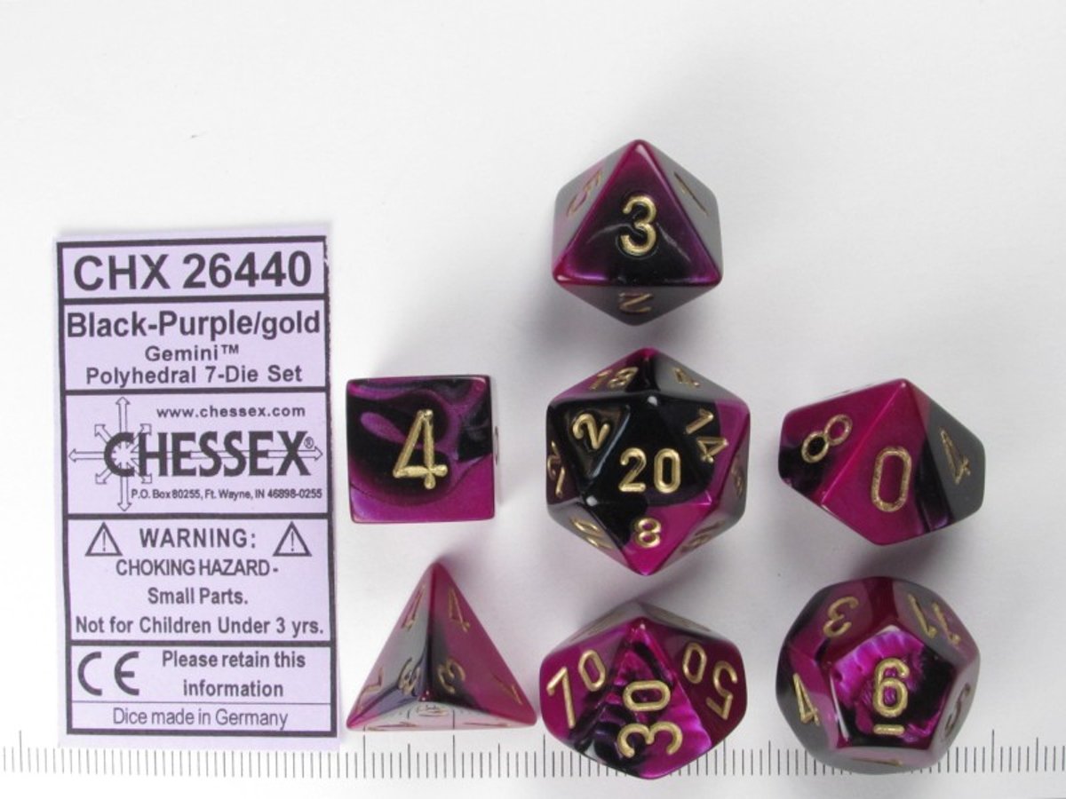 Chessex dobbelstenen set, 7 polydice, Gemini black-purple w/gold