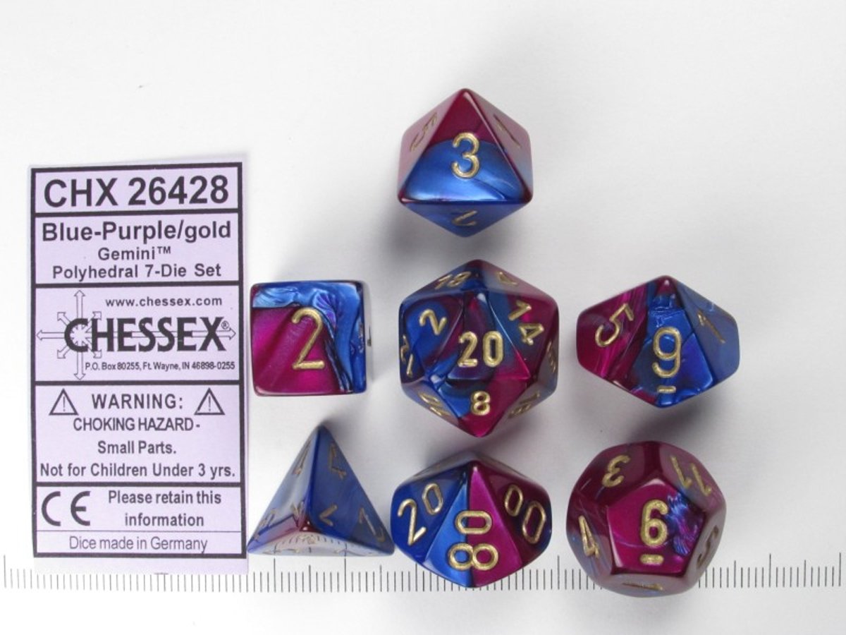 Chessex dobbelstenen set, 7 polydice, Gemini blue-purple w/gold