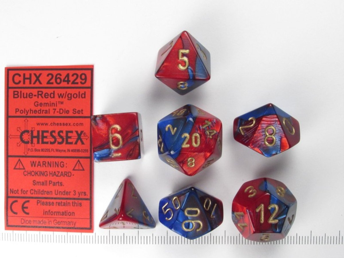 Chessex dobbelstenen set, 7 polydice, Gemini blue-red w/gold