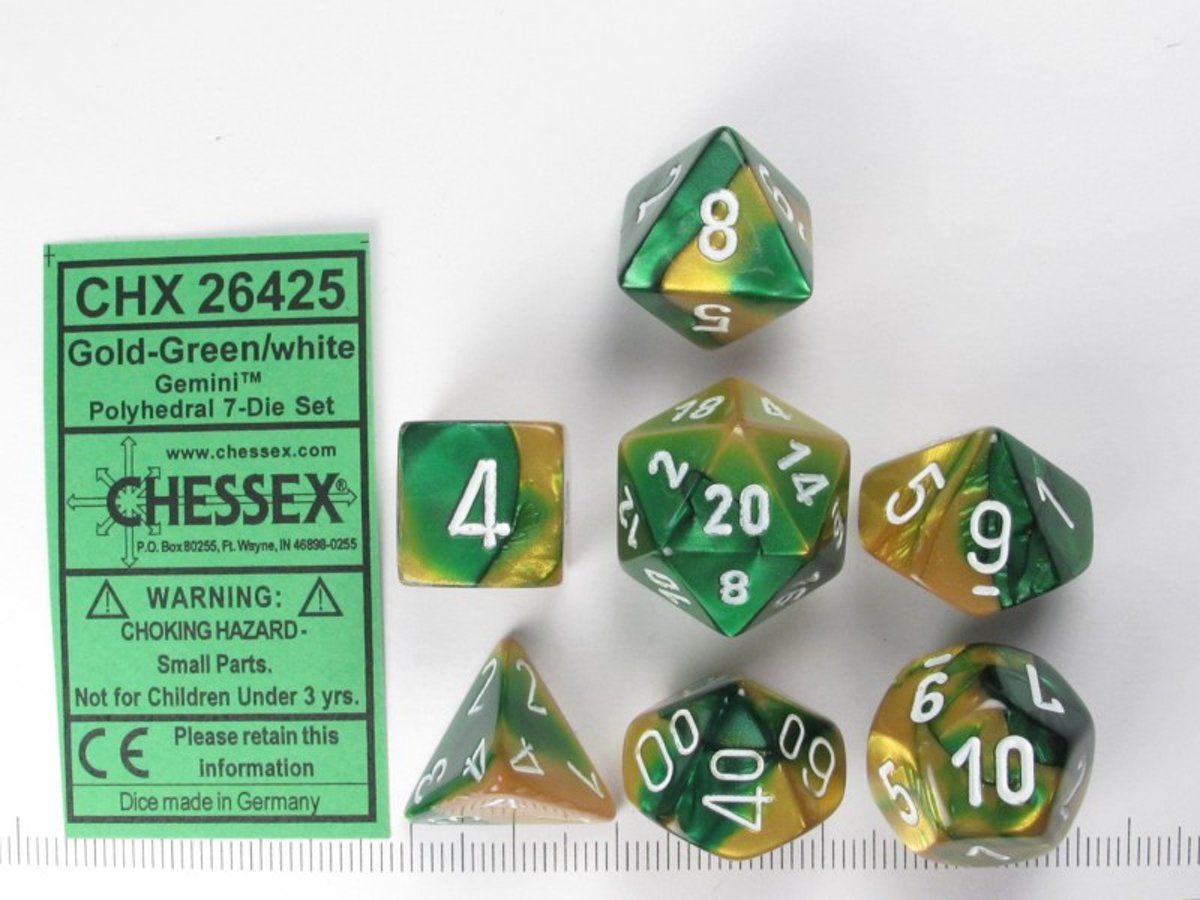 Chessex dobbelstenen set, 7 polydice, Gemini gold-green w/white