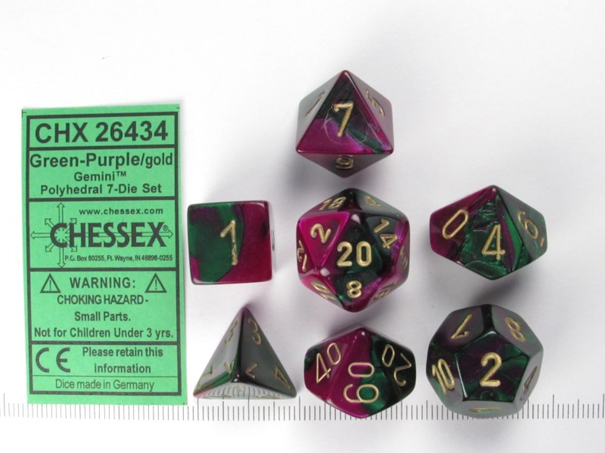 Chessex dobbelstenen set, 7 polydice, Gemini green-purple w/gold