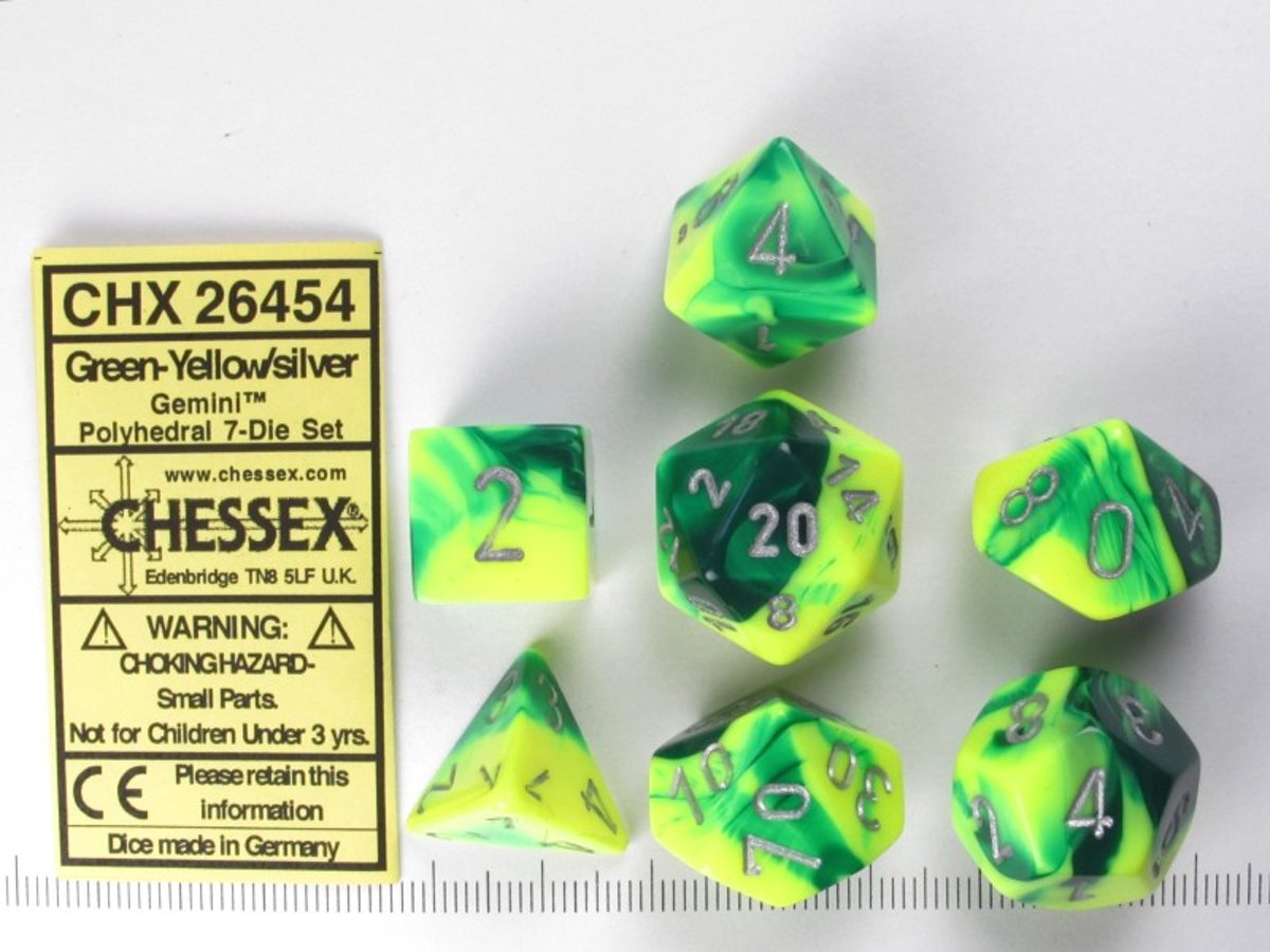 Chessex dobbelstenen set, 7 polydice, Gemini green-yellow w/silver