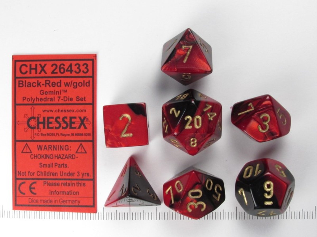 Chessex dobbelstenen set, 7 polydice, Gemini red-black w/gold