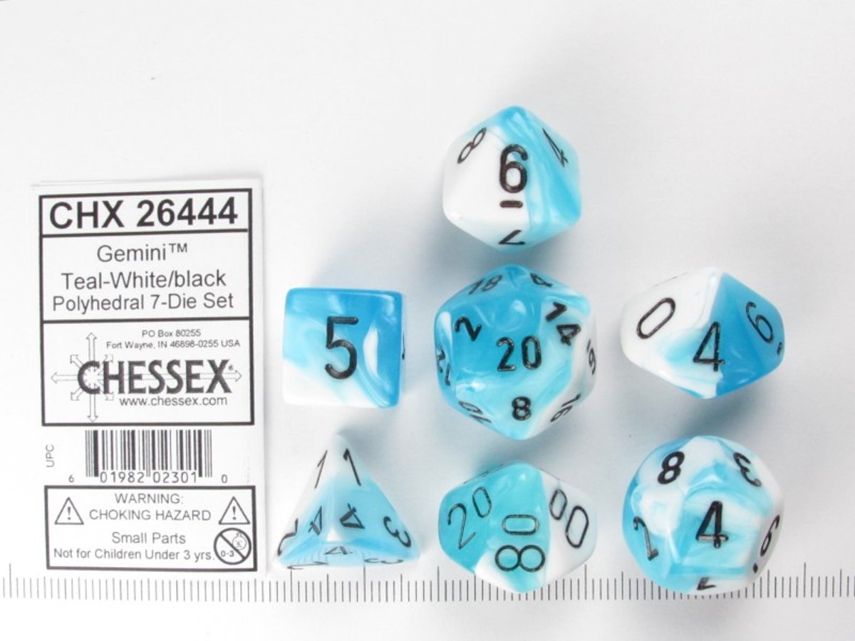 Chessex dobbelstenen set, 7 polydice, Gemini white-teal w/black