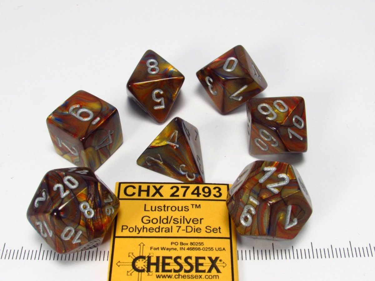 Chessex dobbelstenen set, 7 polydice, Lustrous gold w/silver