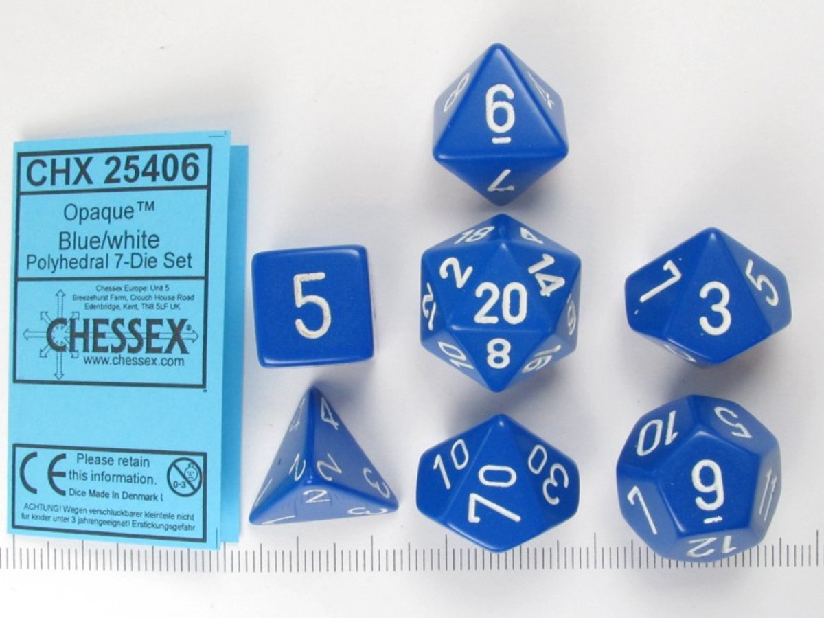 Chessex dobbelstenen set, 7 polydice, Opaque Blue w/white