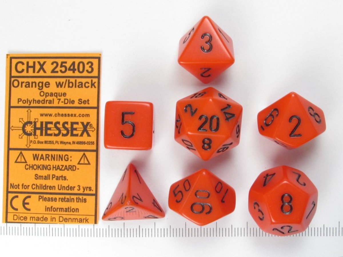 Chessex dobbelstenen set, 7 polydice, Opaque Orange w/black