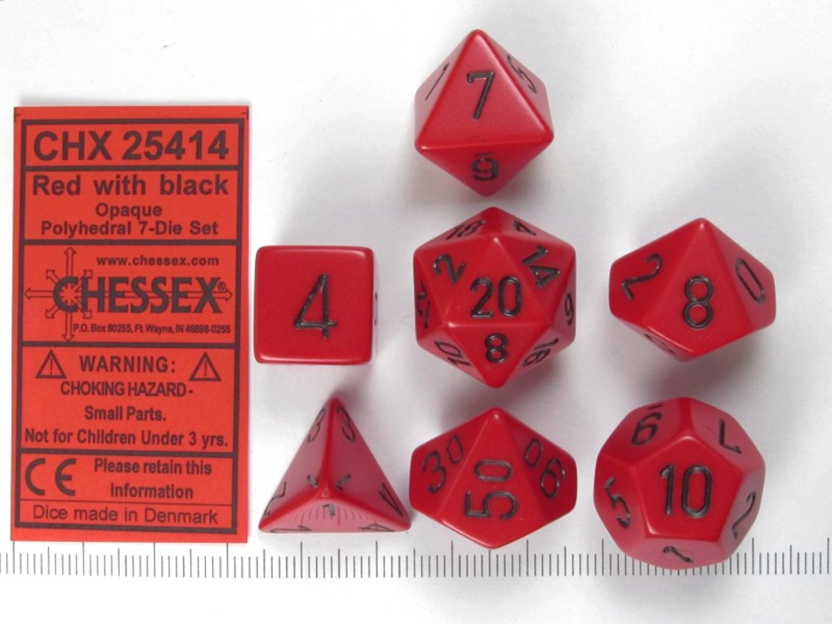 Chessex dobbelstenen set, 7 polydice, Opaque Red w/black