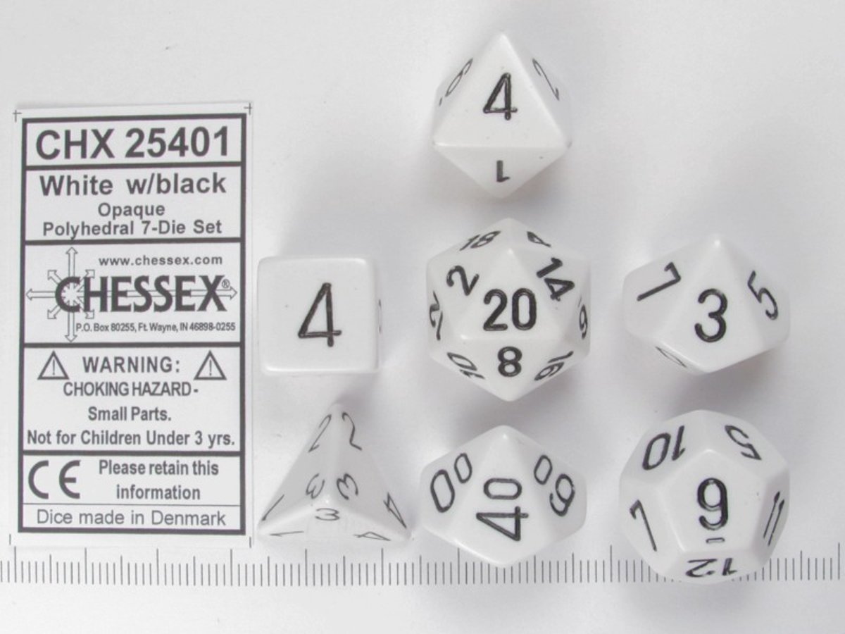 Chessex dobbelstenen set, 7 polydice, Opaque White w/black