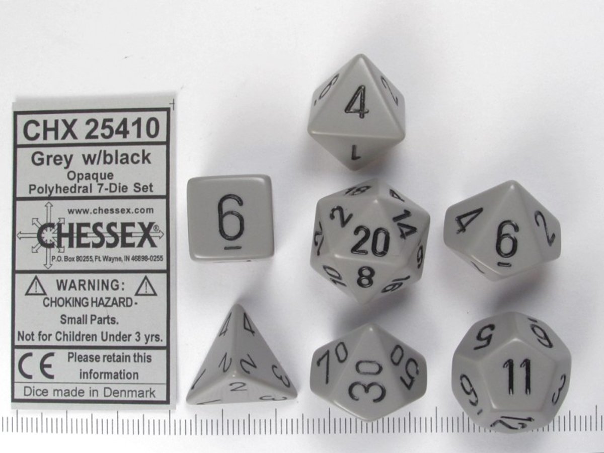 Chessex dobbelstenen set, 7 polydice, Opaque grey w/black