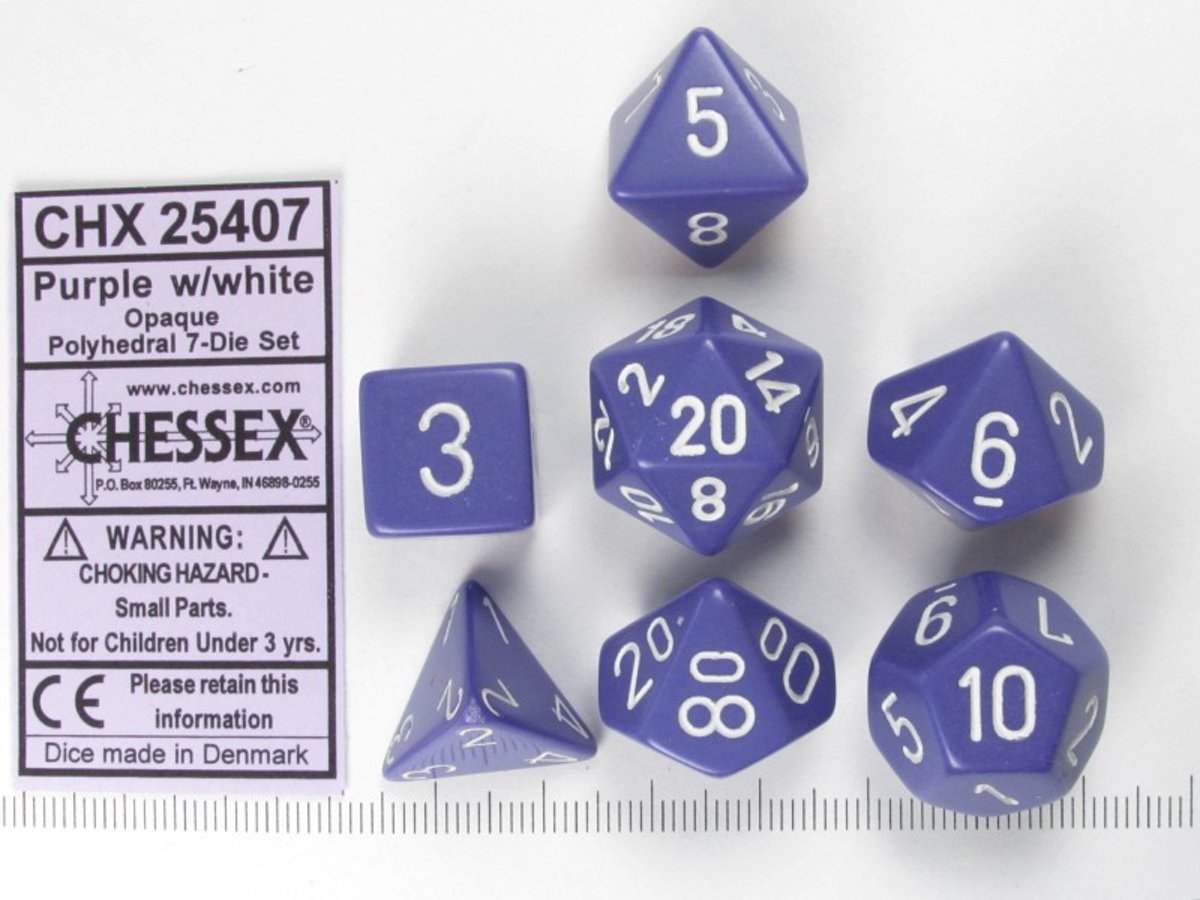 Chessex dobbelstenen set, 7 polydice, Opaque purple w/white