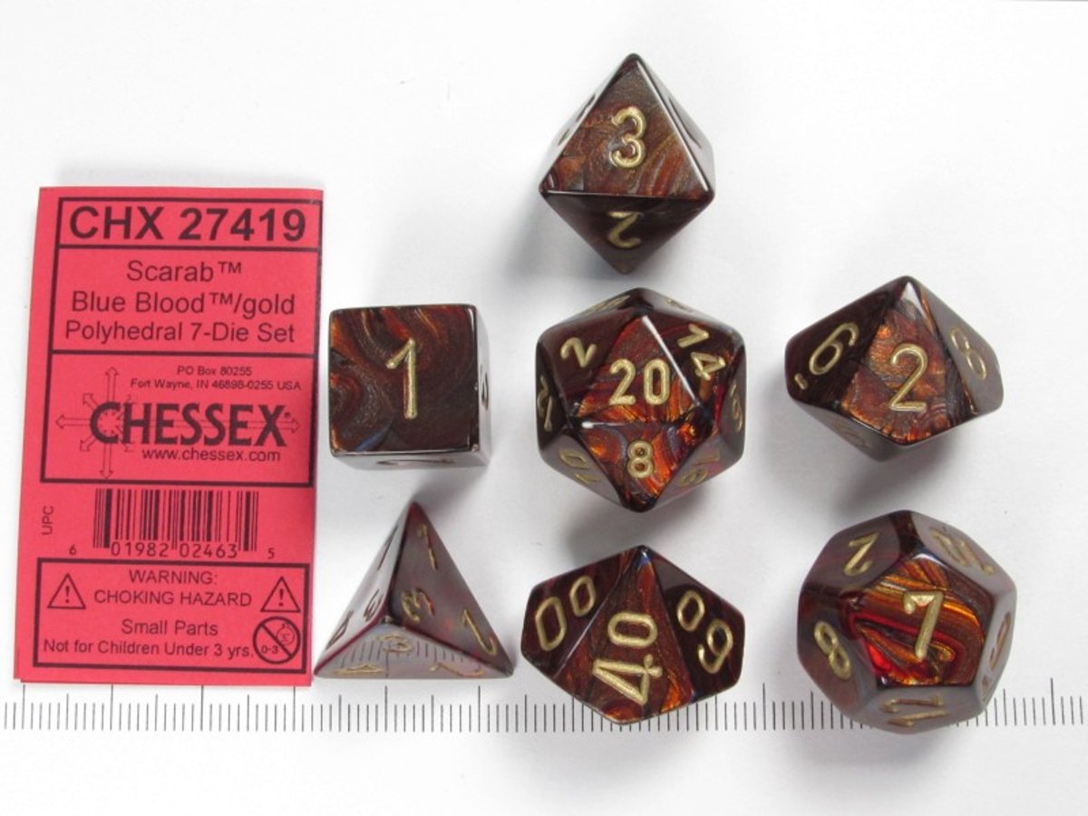 Chessex dobbelstenen set, 7 polydice, Scarab Blue Blood w/gold