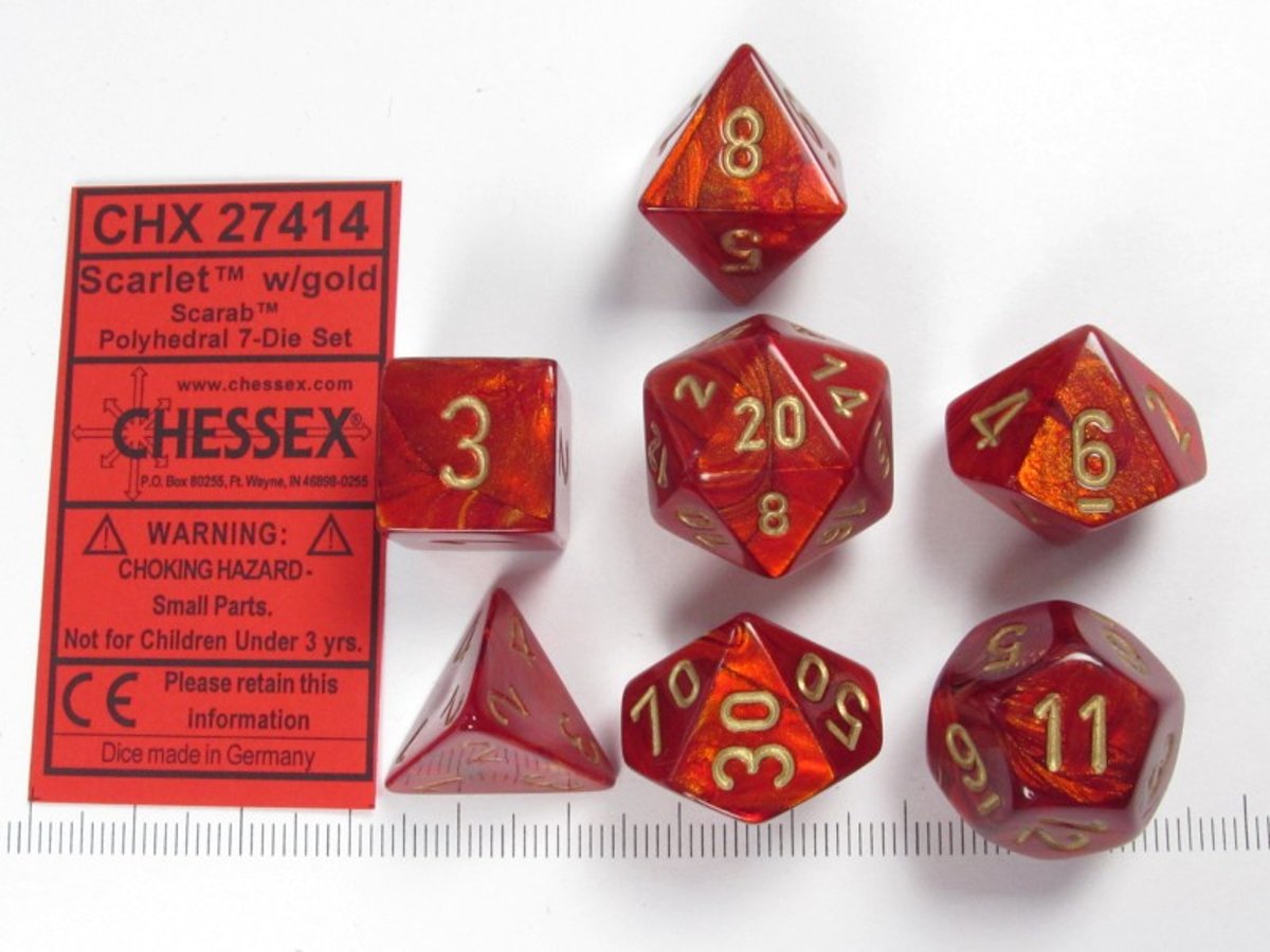 Chessex dobbelstenen set, 7 polydice, Scarab Scarlet w/gold