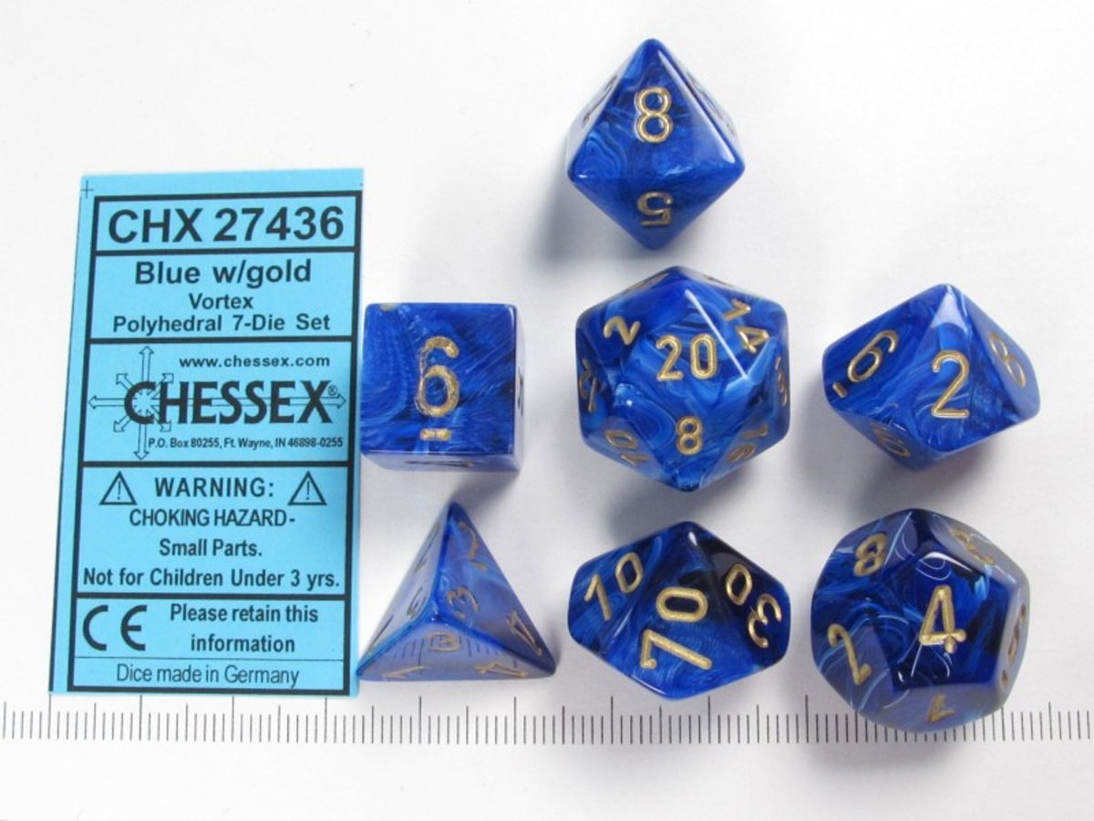 Chessex dobbelstenen set, 7 polydice, Vortex blue w/gold