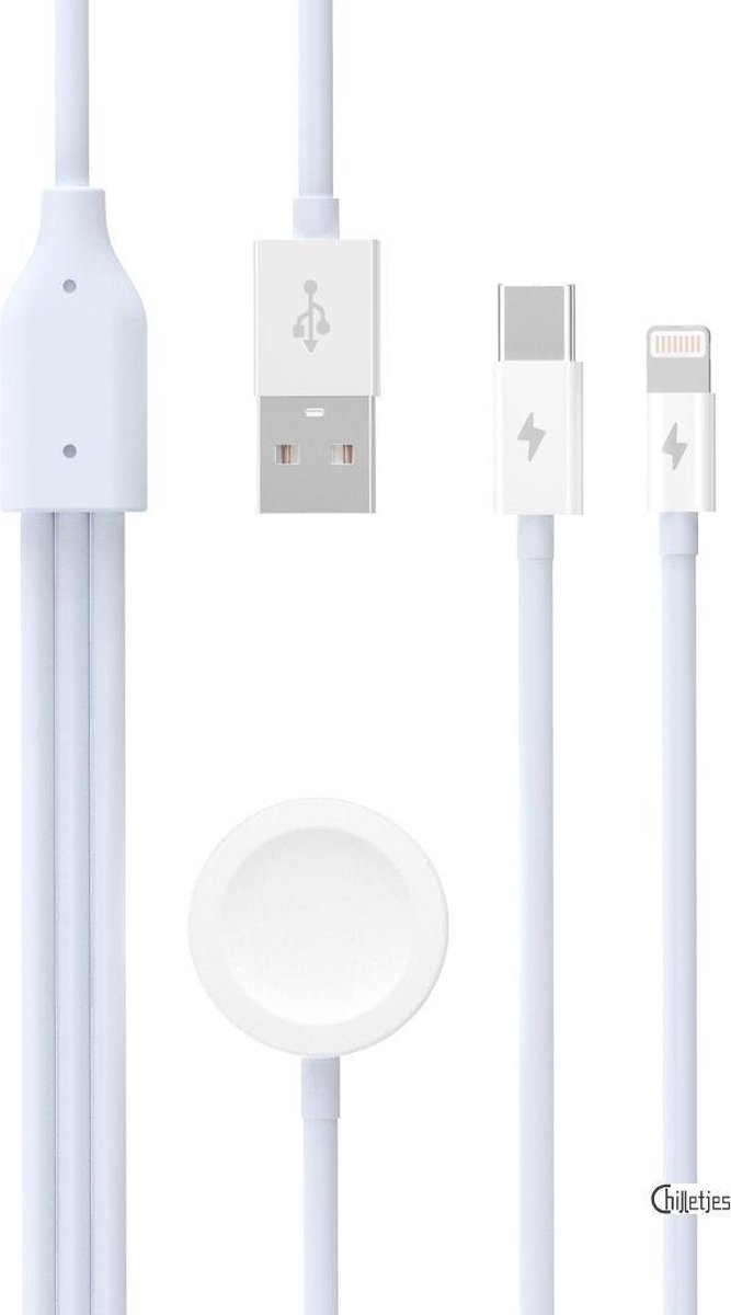 3in1 Oplader iphone - Kabel geschikt voor iWatch, iPhone en USB-C - Iwatch Series 1/2/3/4 (38mm, 40mm, 42mm & 44mm ) - Charging Pad Oplader – Charger Cable - Magnetische Oplaadkabel Snoer - Chilletjes