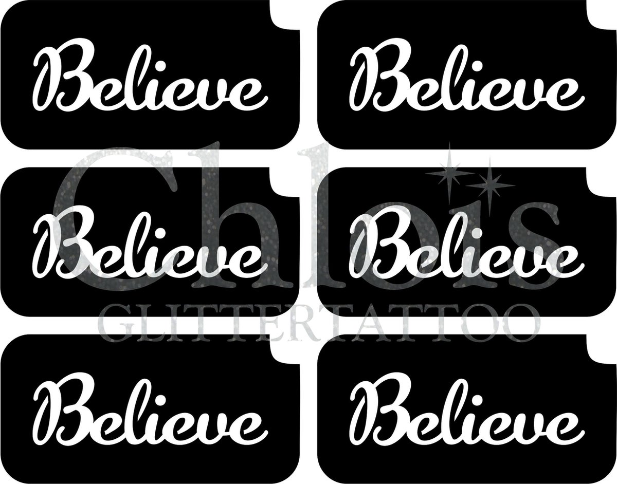 Chloïs Glittertattoo Sjabloon - Believe - Multi Stencil - CH9700 - 1 stuks zelfklevend sjabloon met 6 kleine designs in verpakking - Geschikt voor 6 Tattoos - Nep Tattoo - Geschikt voor Glitter Tattoo, Inkt Tattoo of Airbrush