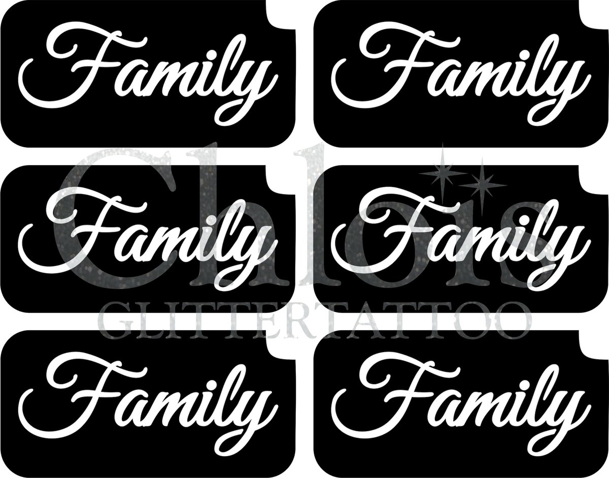 Chloïs Glittertattoo Sjabloon - Family - Multi Stencil - CH9708 - 1 stuks zelfklevend sjabloon met 6 kleine designs in verpakking - Geschikt voor 6 Tattoos - Nep Tattoo - Geschikt voor Glitter Tattoo, Inkt Tattoo of Airbrush