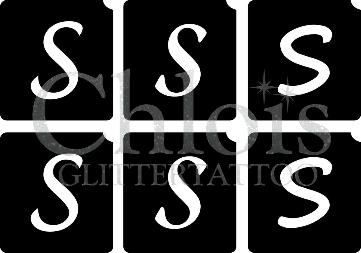 Chloïs Glittertattoo Sjabloon - Letter S - Multi Stencil - CH9739 - 1 stuks zelfklevend sjabloon met 6 kleine designs in verpakking - Geschikt voor 6 Tattoos - Nep Tattoo - Geschikt voor Glitter Tattoo, Inkt Tattoo of Airbrush