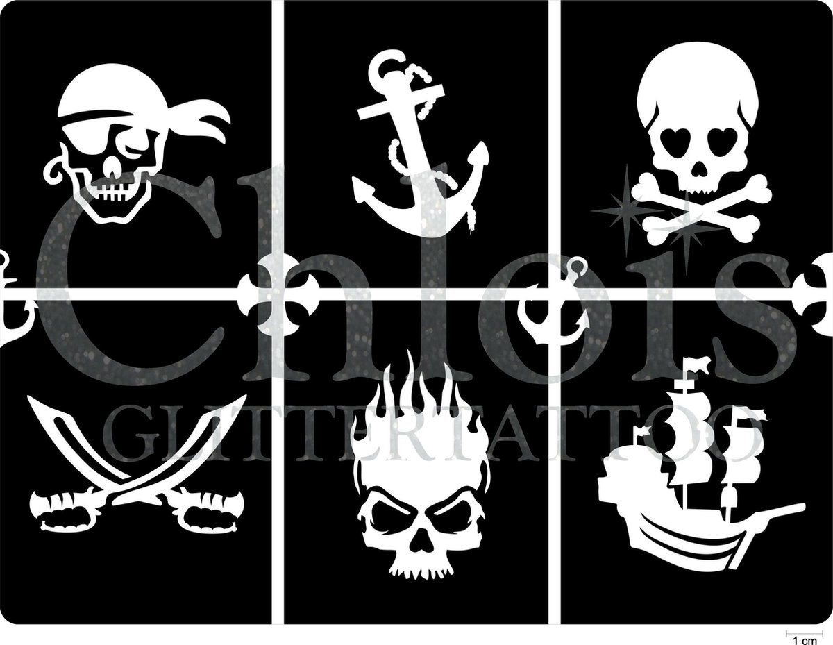 Chloïs Glittertattoo Sjabloon - Pirate - Thema Stencil - CH29804 - 1 stuks zelfklevend sjabloon met 6 designs in verpakking - Geschikt voor 6 Tattoos - Nep Tattoo - Geschikt voor Glitter Tattoo, Inkt Tattoo of Airbrush