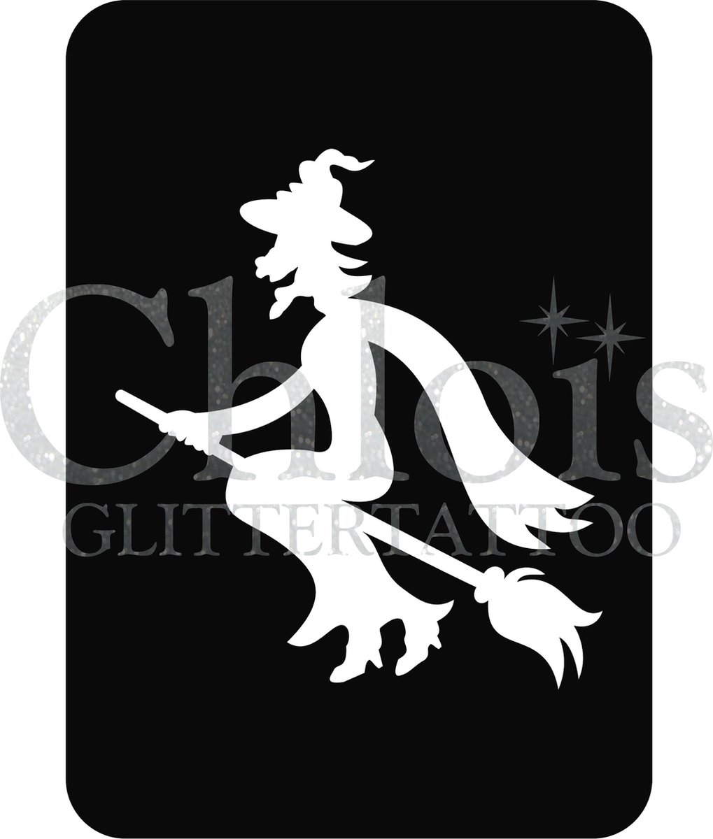 Chloïs Glittertattoo Sjabloon 5 Stuks - Flying Witch - CH8403 - 5 stuks gelijke zelfklevende sjablonen in verpakking - Geschikt voor 5 Tattoos - Nep Tattoo - Geschikt voor Glitter Tattoo, Inkt Tattoo of Airbrush