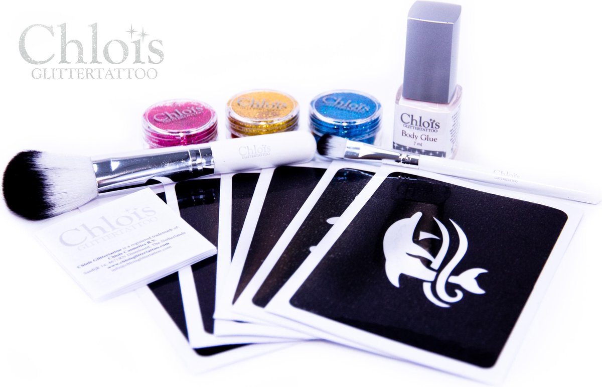 Chloïs Tryout Glittertattooset Mixed - Chloïs Cosmetics - Glitter Tattoo - 6 sjablonen - 7 Tattoos - 7 ml Huidlijm - 3 x 5ml Cosmetische Glitter - Penselen set - Nep tattoo - Facepaint Glitter - Nailart Glitter - Kinderen - Jongens & Meisjes