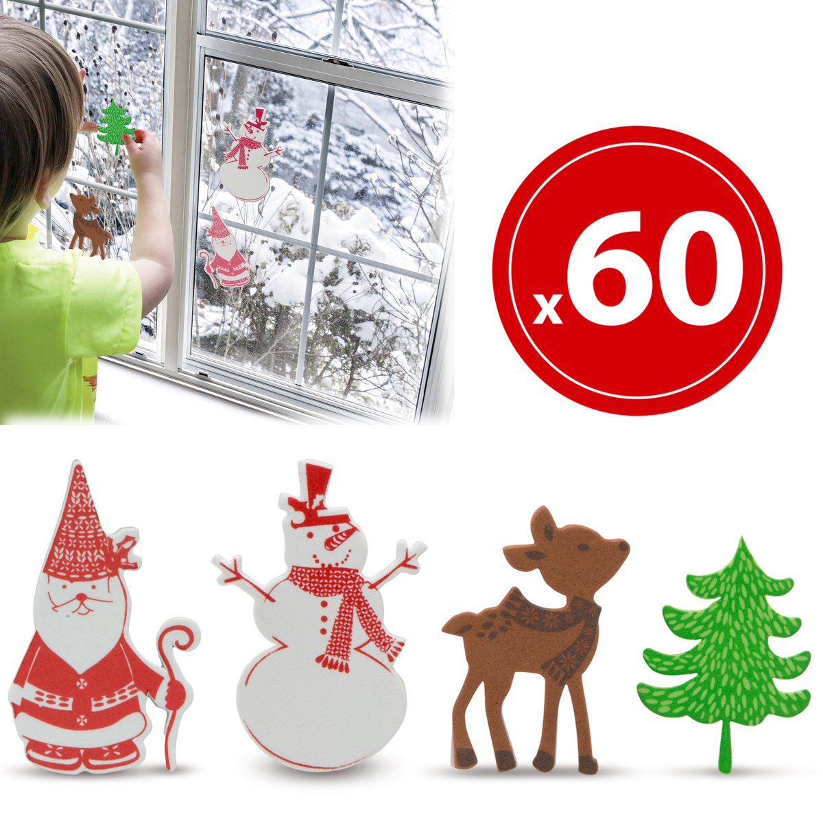 Kerst Stickers Raamstickers Foam - 60 stuks - Raamdecoratie Kerst - Cadeauversiering - Kerstdecoratie - Raamversiering - Kerstman - Sneeuwpop