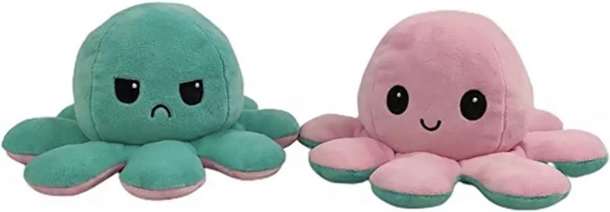 Octopus knuffel - Octopus knuffel mood - octopus knuffel omkeerbaar - reversible - emotieknuffel - mood knuffel - emotie tonen - roze groen