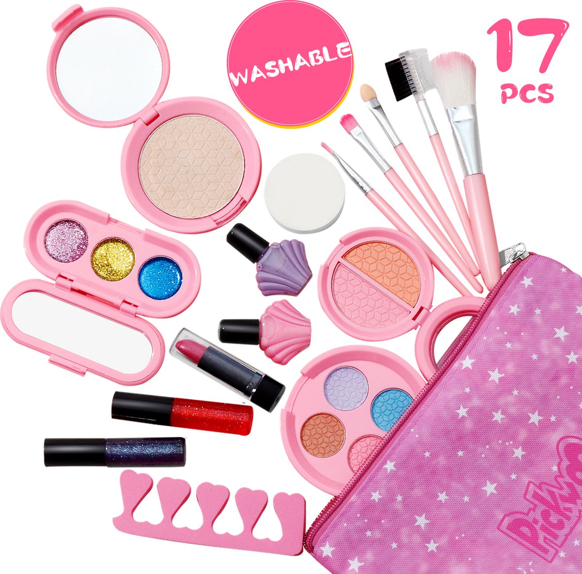 Cickwoo M11 kindermake-up set - 17 stuks - wasbare veilige en niet-giftige cosmetische schoonheidsset - Nagellakset, Glitter Oogschaduw en Lipgloss - voor Meisjes Beste Verjaardag Cadeau en Kerstcadeautjes