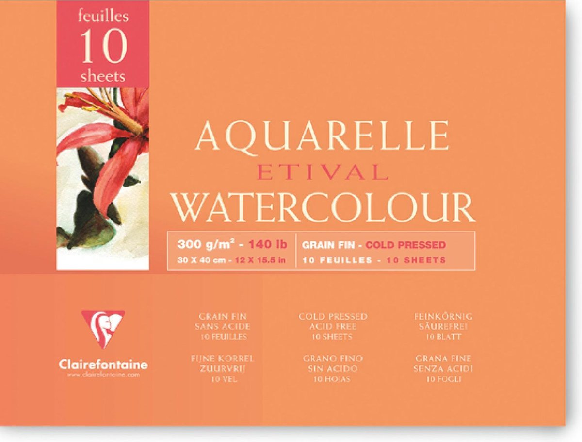 Clairefontaine Aquarelle Blok 10 vel 300 grams 24 x 30 Naturel Wit