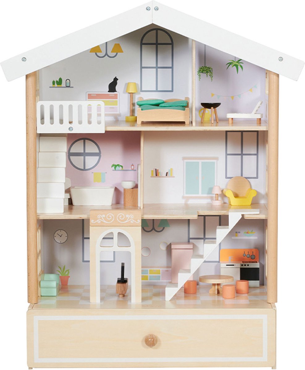   houten poppenhuis Happy Villa inclusief meubels 28-delig.