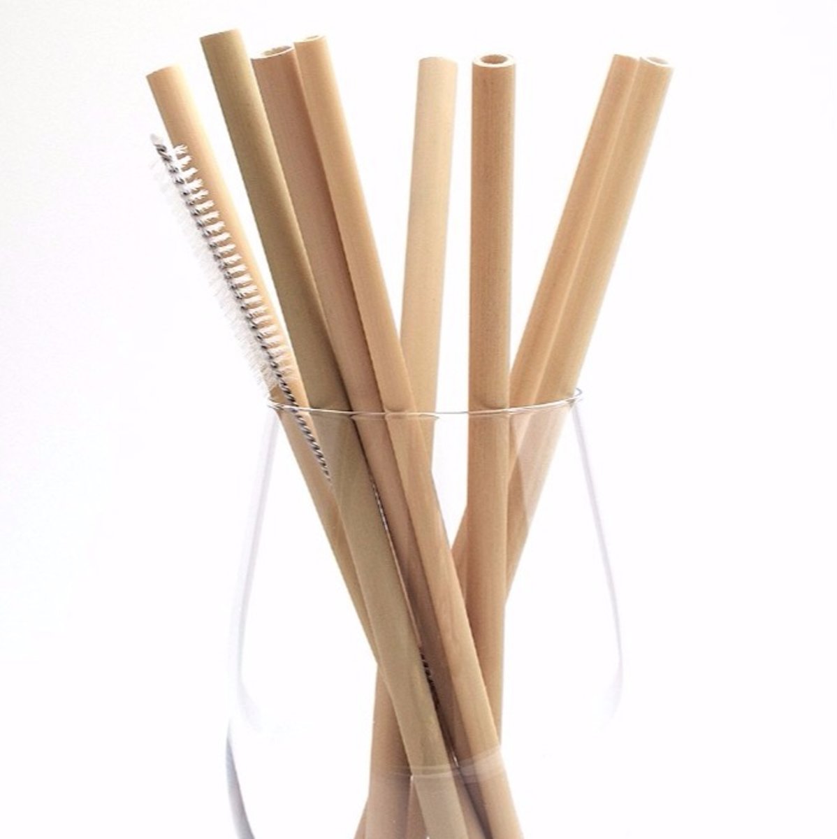 Classy Straws - Bamboo rietjes - 10 bamboe rietjes met 1 schoonmaakborstel in een beige fluwelen bewaarzak