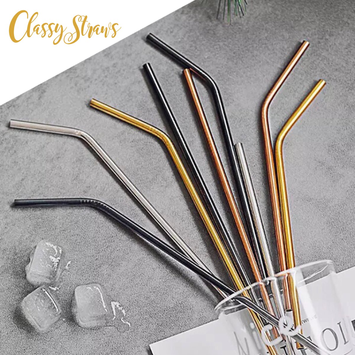 Classy Straws - Herbruikbare rietjes - 8  Gebogen Roestvrijstalen Rietjes en 2 schoonmaakborstels in diverse kleuren in een beige bewaarzak - Milieuvriendelijk!