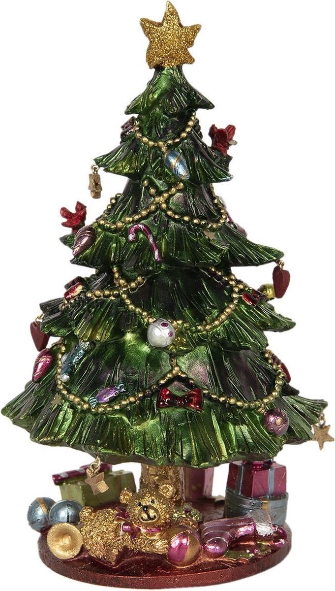 Clayre & Eef Muziekdoos Kerstboom Ø 14*23 cm Groen Kunststof Kerstdecoratie Beeld Decoratief Figuur Decoratieve Accessoires