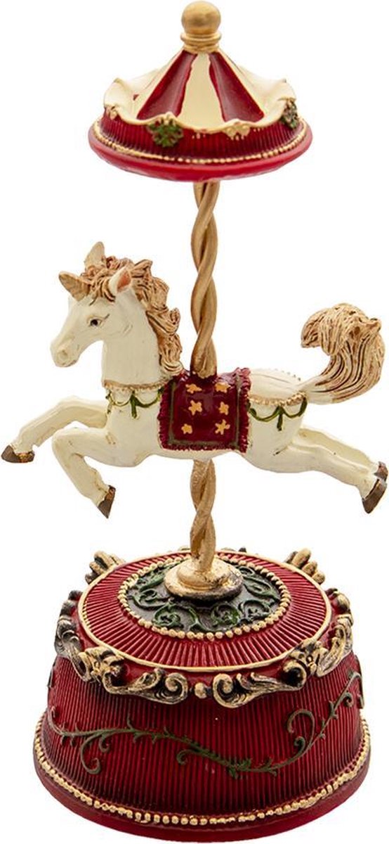 Clayre & Eef Muziekdoos Paard Ø 9*21 cm Rood Kunststof Kerstdecoratie Beeld Decoratief Figuur