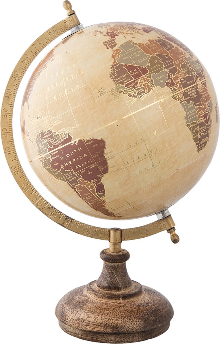 Clayre & Eef Wereldbol Decoratie 22*20*33 cm Beige, Bruin Hout, Ijzer Rond Wereld Globe Aardbol