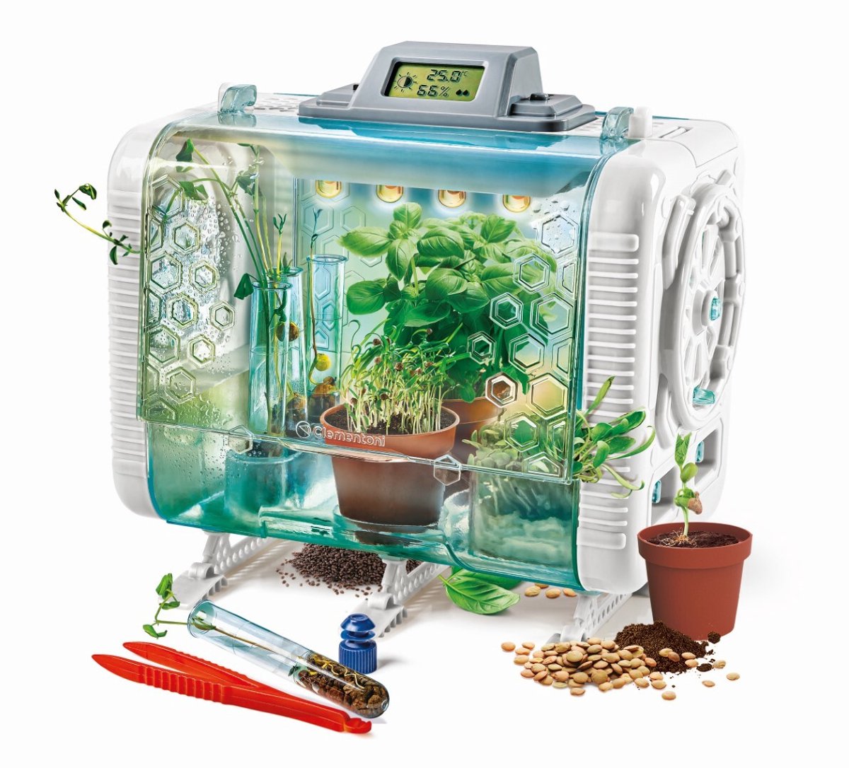 CLEMENTONI - Mijn hightech kas - 3 manieren om te groeien - Sensoren om licht, temperatuur en vochtigheid te regelen -
