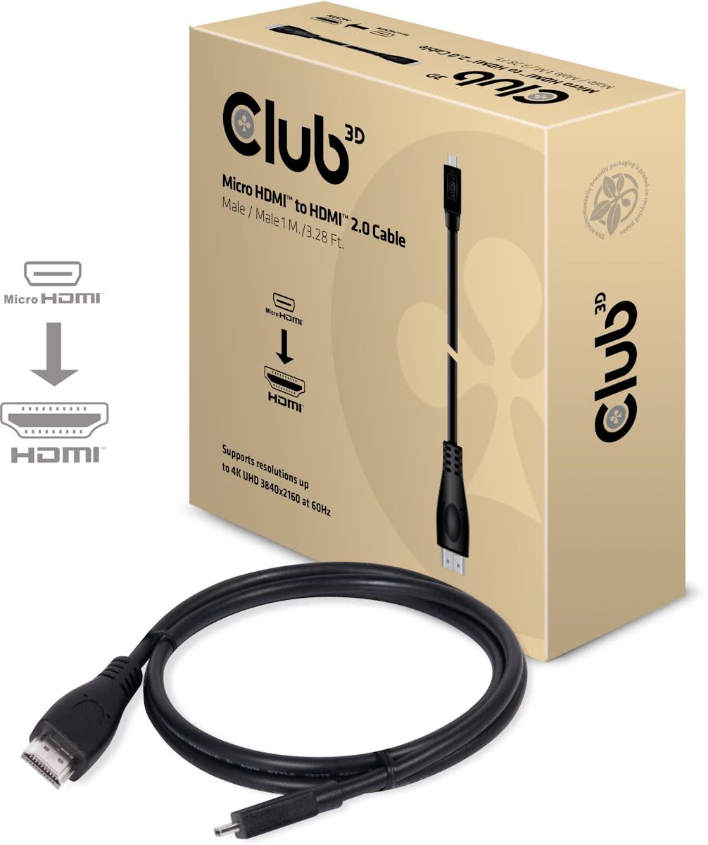 Club3D Micro HMDI naar HDMI 2.0 Kabel 1Meter 4K60Hz 18Gbps