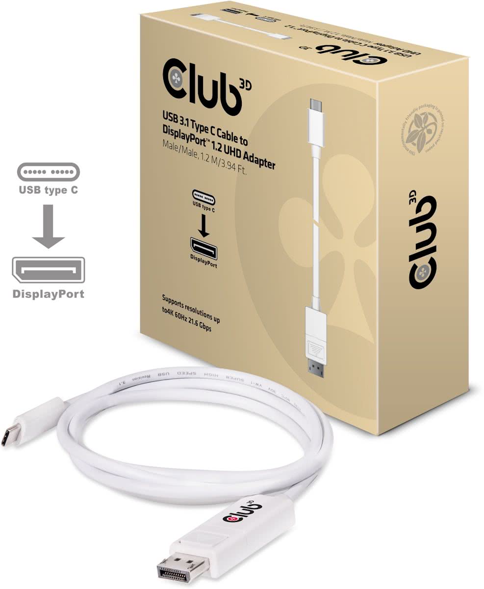 Club3D USB TYPE C naar DisplayPort 1.2a Cable, 1.2Meter, 4K 60Hz, 21.6Gbps