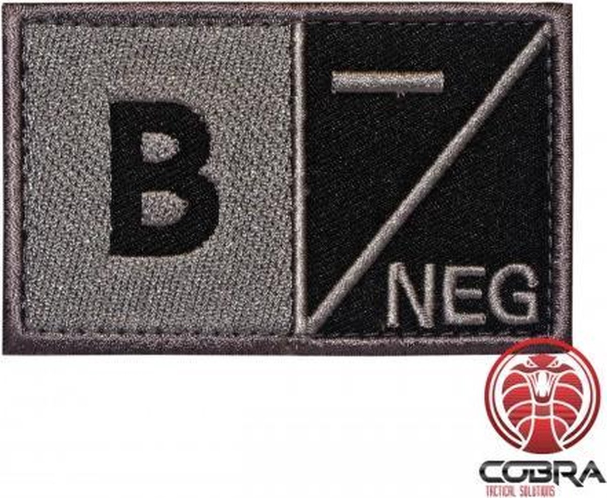 B- NEG Bloedgroep Zwart Grijs Geborduurde Militaire Patch met Velcro