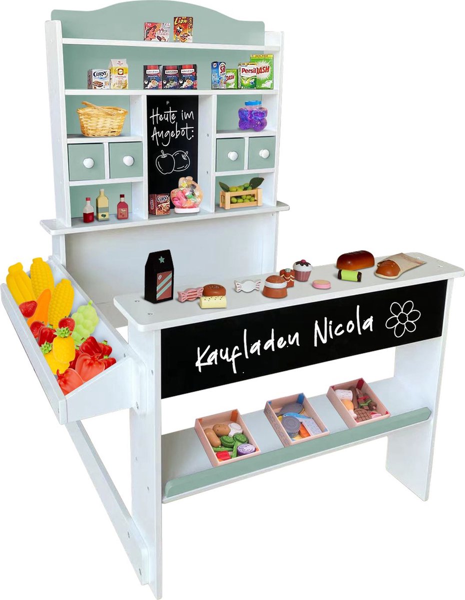   Nicola houten kinderwinkel, verkoopkraam, toonbank, plank, zijtoonbank & lade marktkraam als een geweldig cadeau