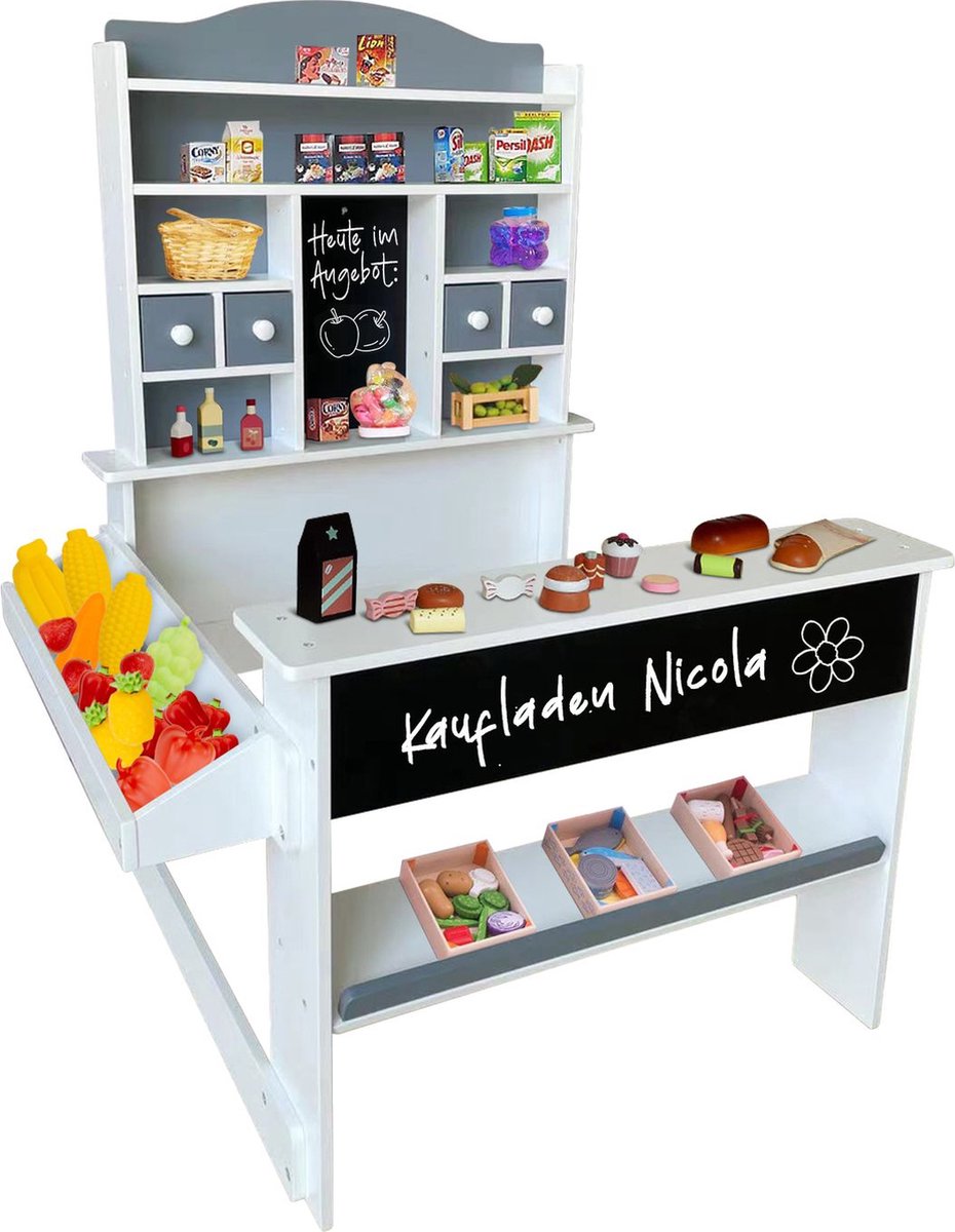   Nicola houten kinderwinkel, verkoopkraam, toonbank, plank, zijtoonbank & lade marktkraam als een geweldig cadeau