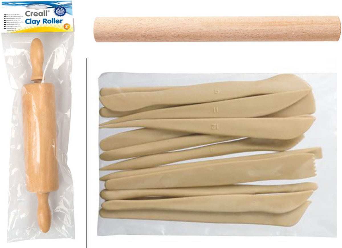 Boetseerroller - Creall modelling stick - 25cm breed + Klei Spatels - Creall-spatulas - 14 Stuks  + Klei Roller - Creall-clay roller - Gelakt Hout