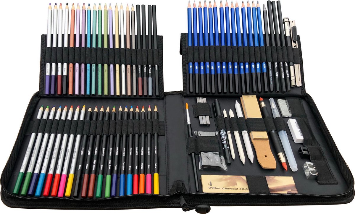 Kleurpotloden en schetspotloden set 74 stuks in handige nylon case - Professionele tekenset - Art set - Colore