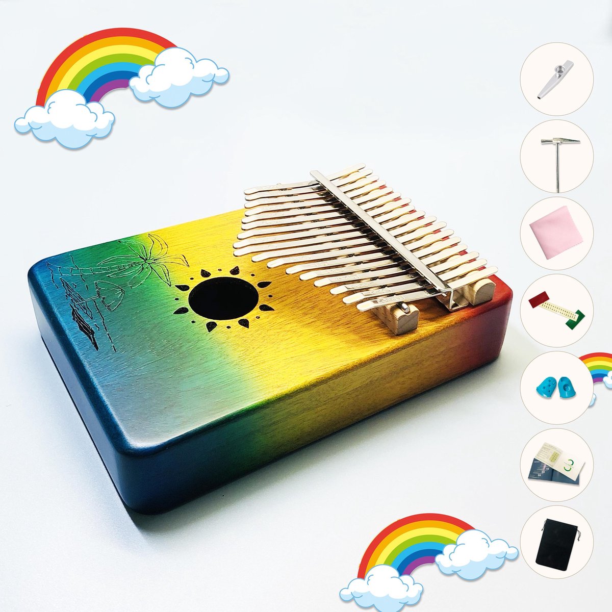 Kalimba set - 17 tonen - Duimpiano - Gratis kazoo - Muziekinstrument - Regenboog Zon