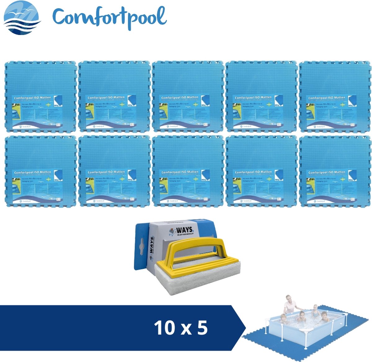 Comfortpool Zwembadtegels - 60x60 cm - Blauw - 10 verpakkingen van 5 stuks & WAYS scrubborstel