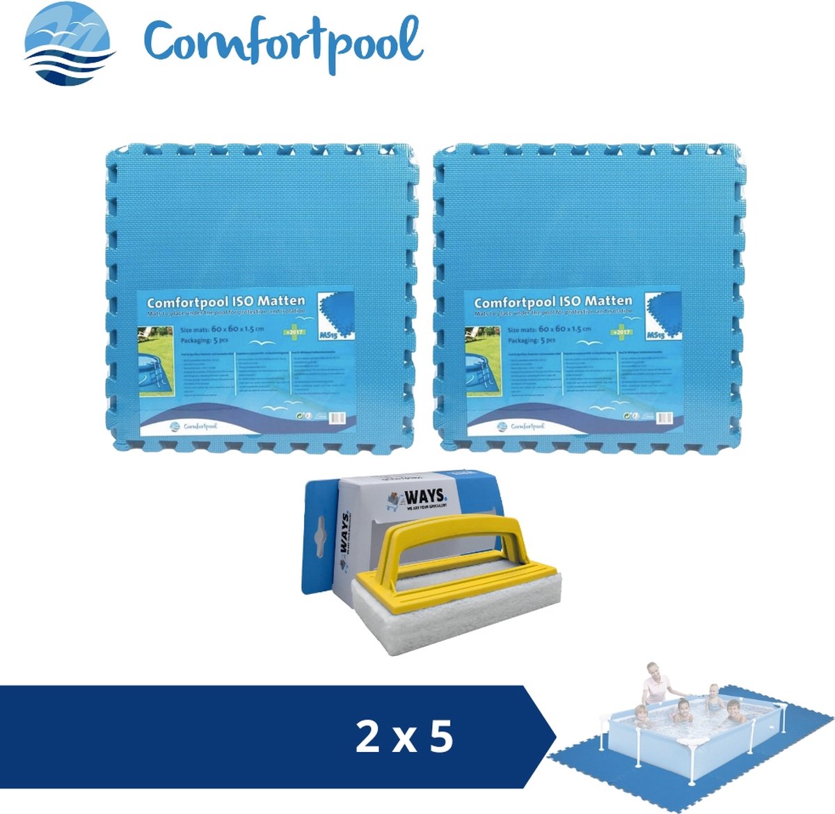 Comfortpool Zwembadtegels - 60x60 cm - Blauw - 2 verpakkingen van 5 stuks & WAYS scrubborstel